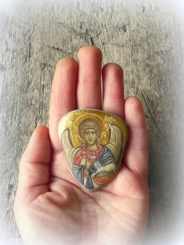 Archangel Raphael. Painted directly on stone. Egg tempera, gold 24 kar. 2020