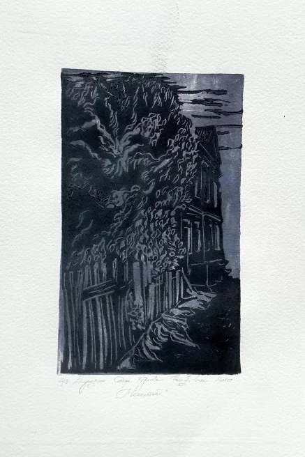"Riga wooden architecture. Balasta dambis 68". Paper, colored linocut. 29x22,2cm. 2010