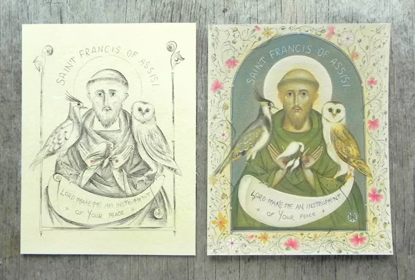St.Francis with birds protected in Ireland. Egg tempera, ink on paper. 2023
