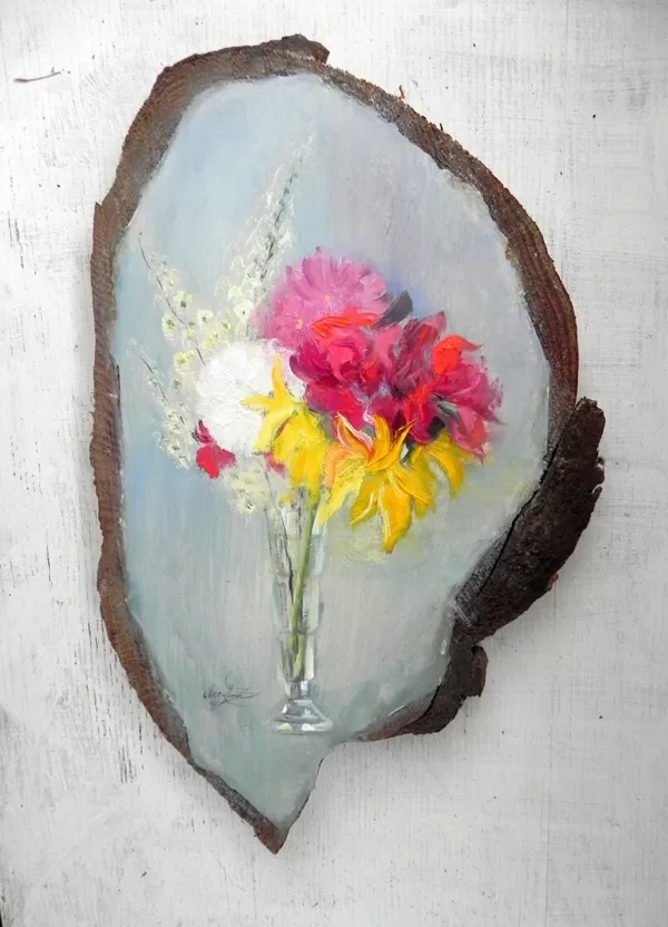 "Spring flowers". Oil, levkass on wood. 2022