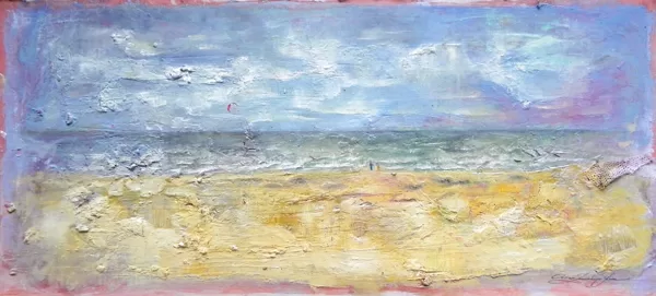 "A windy day on the Liepaja beach". Oil on cardboard. 63x24cm. 2024
