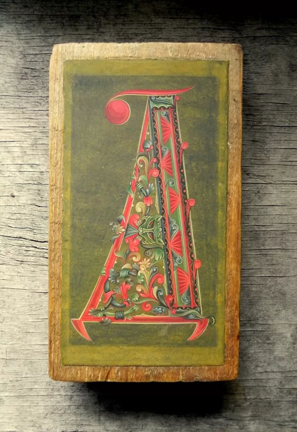 The first letter of the name. Old wooden board, levkas, egg tempera, olifa. 25,8x14,5cm. 2