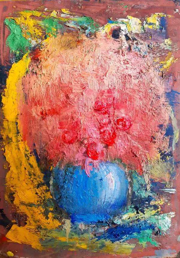 "Flowers in a blue vase". Oil on cardboard. 2023