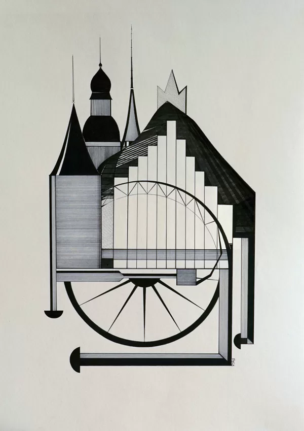 "Rīga". Papīrs, rapitogrāfs, tuša. 68x48,5cm. 2020
