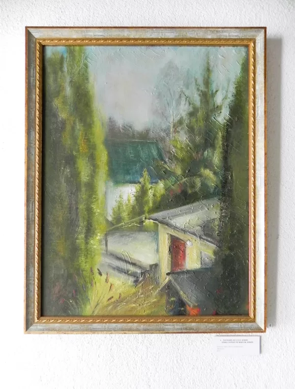 "Pavasaris aiz loga". Eļļa uz kartona. 59x47cm. 2021