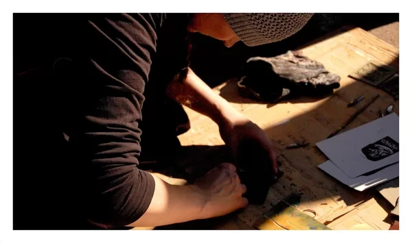 linocut on the street