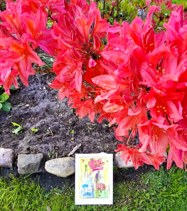 We painted a Rhododendron that grows in my garden!