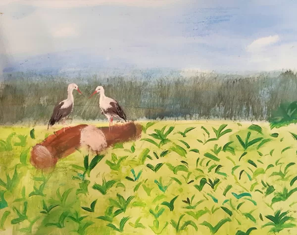 School-age children group. Acrylic, oil on paper.