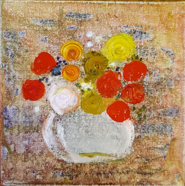 Adult group. Canvas, background - mixed media, flowers-oil.