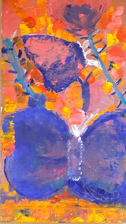 School-age children group. Acrylic, oil on wooden board.